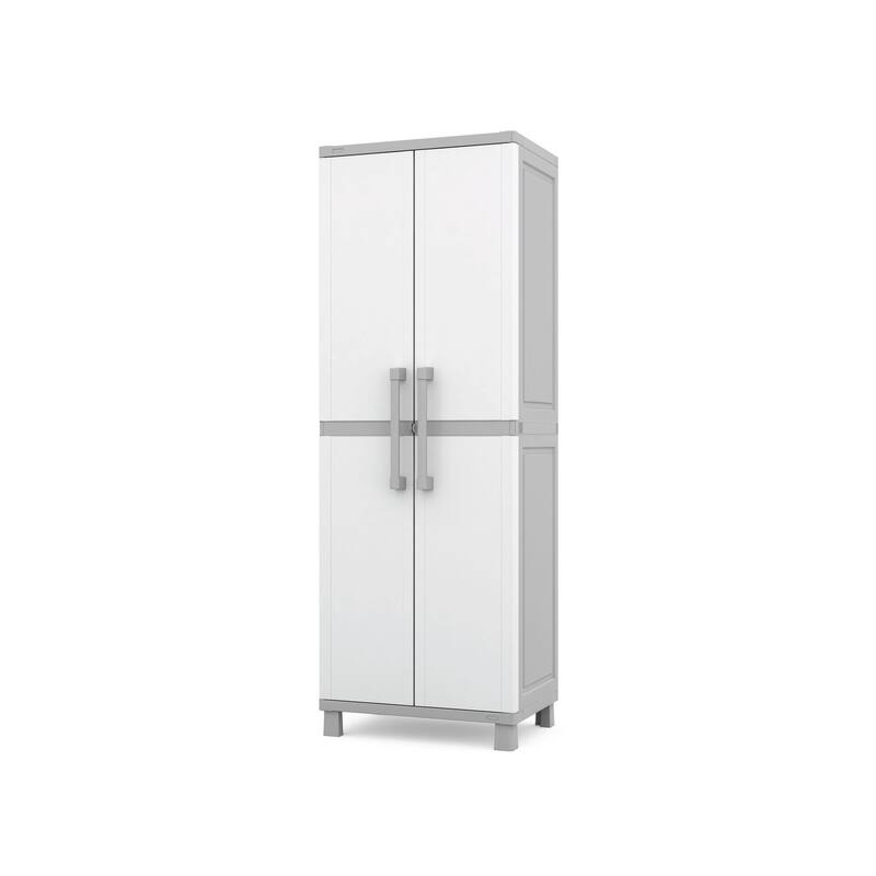 Keter Utility Garage Vertical Resin Home Storage Cabinet with lockable Doors and Shelves Ideal for Organization and Tools, White