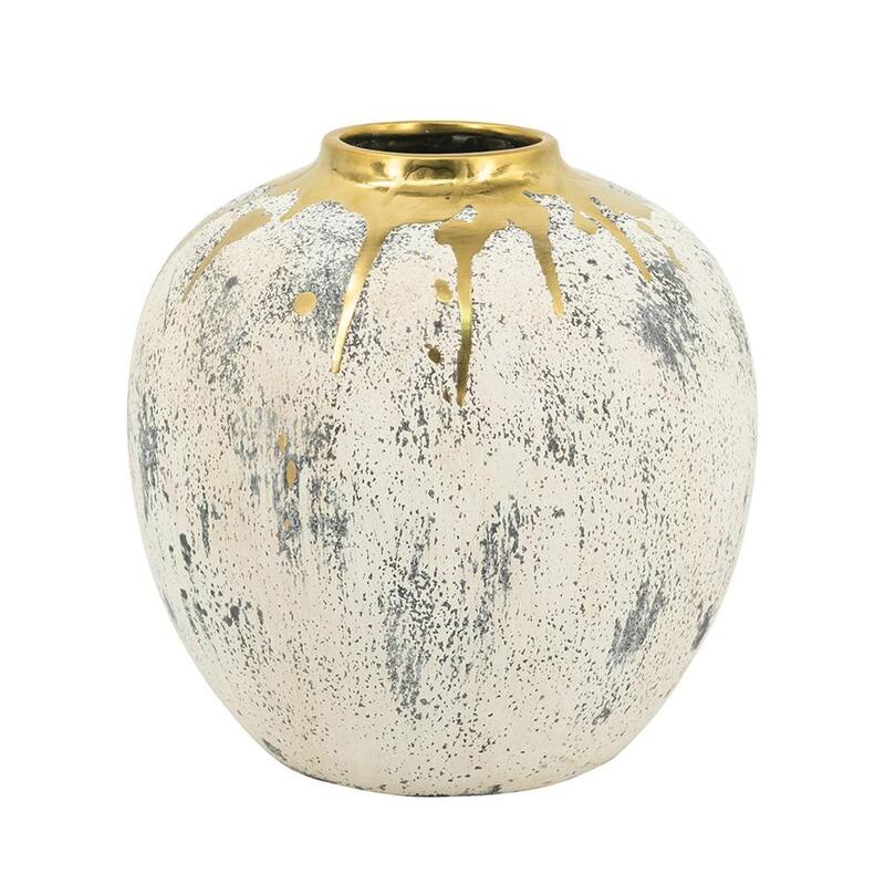 10" Ivory Gray And Gold Abstract Distressed Ceramic Round Table Vase - 9.80