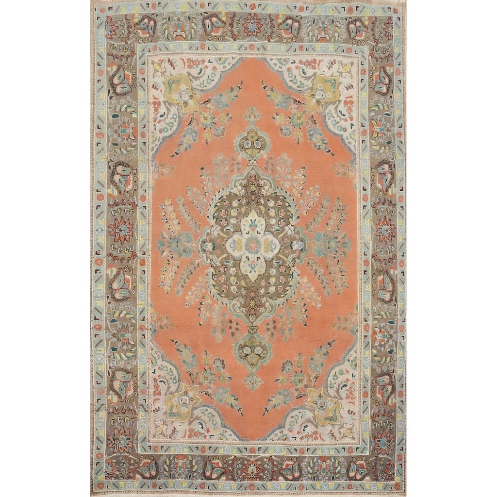 Hand Knotted Oriental 100% Wool Carpet Traditional Floral Coral Tabriz Area Rug - 9' 7'' X 6' 11''