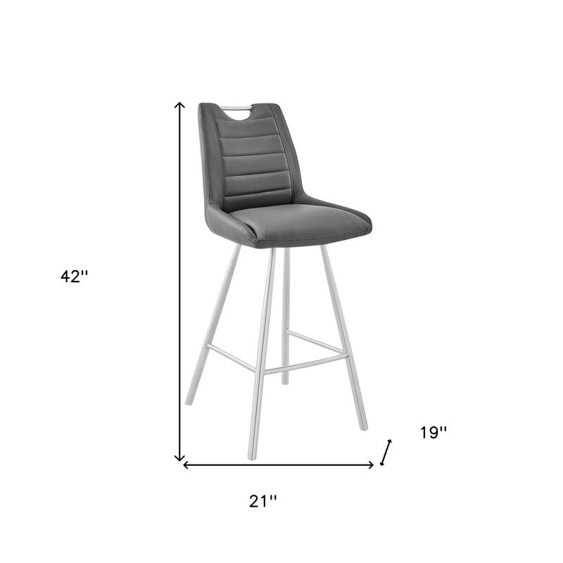 Modern 30 Inch Bar Height Stool in Grey Faux Leather with Steel Frame and Footrest for Kitchen - 42"H x 21"W x 19"D