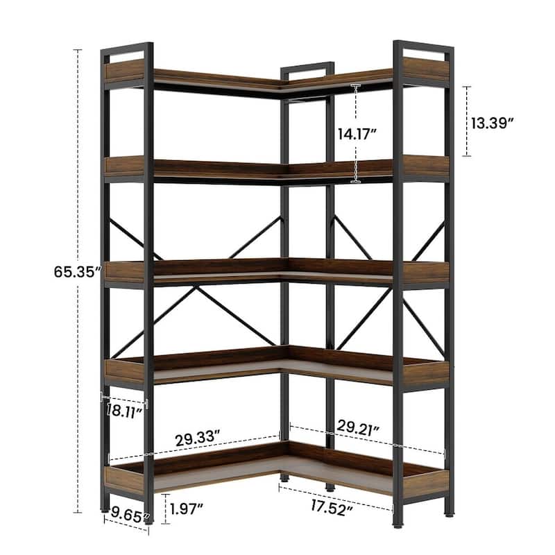 5-Tier Industrial Corner Bookshelf with Wood Shelves