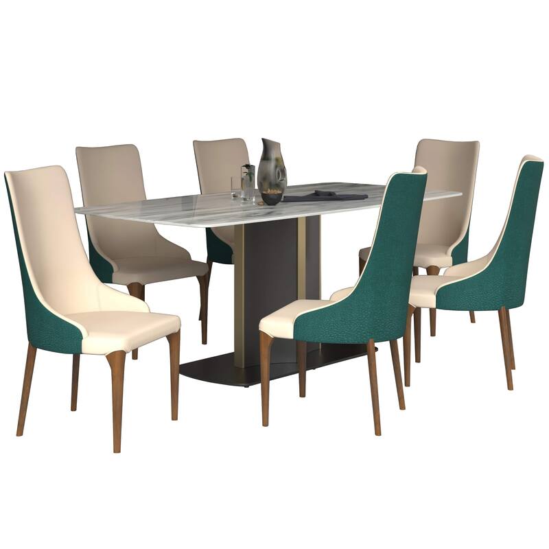 7-Piece Dining Set with 55-Inch Sintered Stone Dining Table and 6 Velvet/Leather Accent Side Chairs - Green Velvet