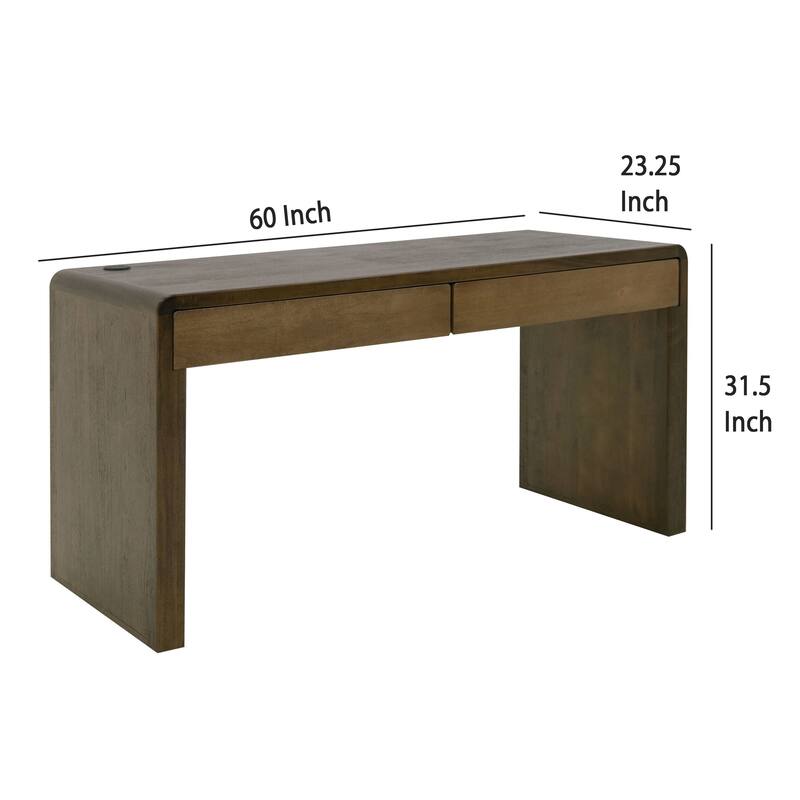 Esis Writing Desk, 2 Drawers, USB Ports, Dark Brown Mango Wood 60 Inch