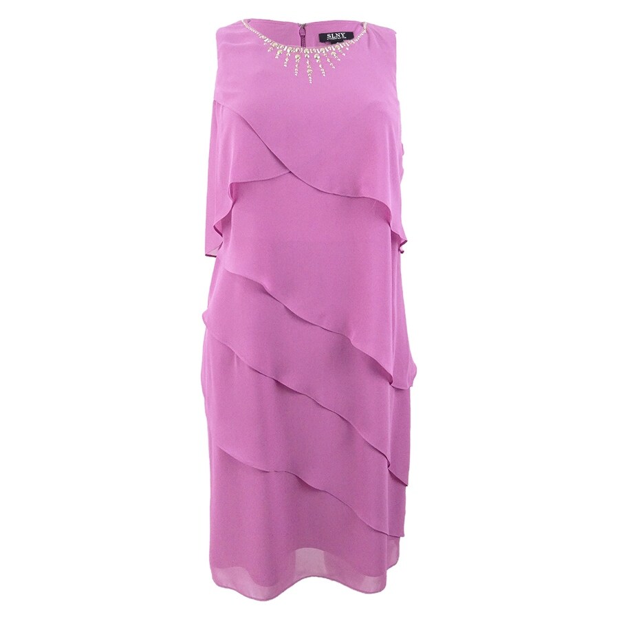 sl fashions embellished tiered chiffon dress & capelet
