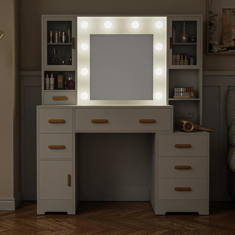 XINMICS Makeup Vanity Dressing Table, Vanity Desk with Mirror and Lights and Charging Station with 7 Drawers & 3 Cabinets