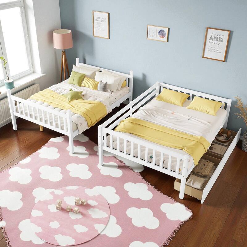 Full Over Full Rubber Wood Bunk Bed with 2 Storage Drawers, Convertible into 2 Full Beds, Ladder and Safety Guardrails