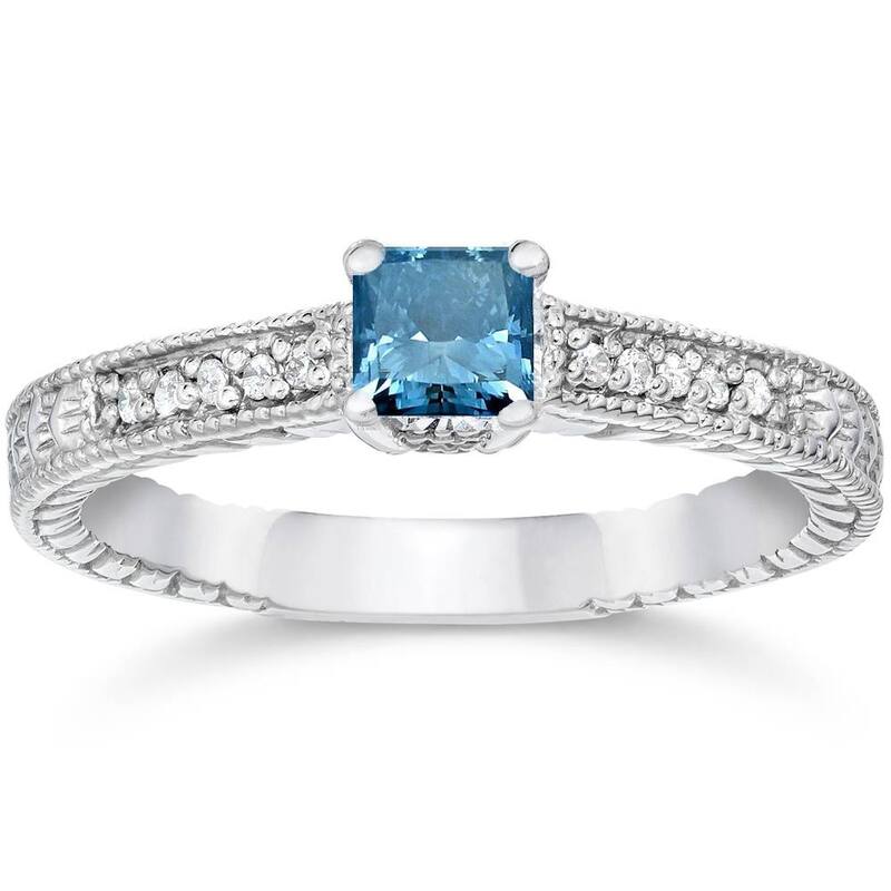 Bliss Diamond 1/2ct Princess Cut Antique Blue Diamond Engagement Ring White Gold