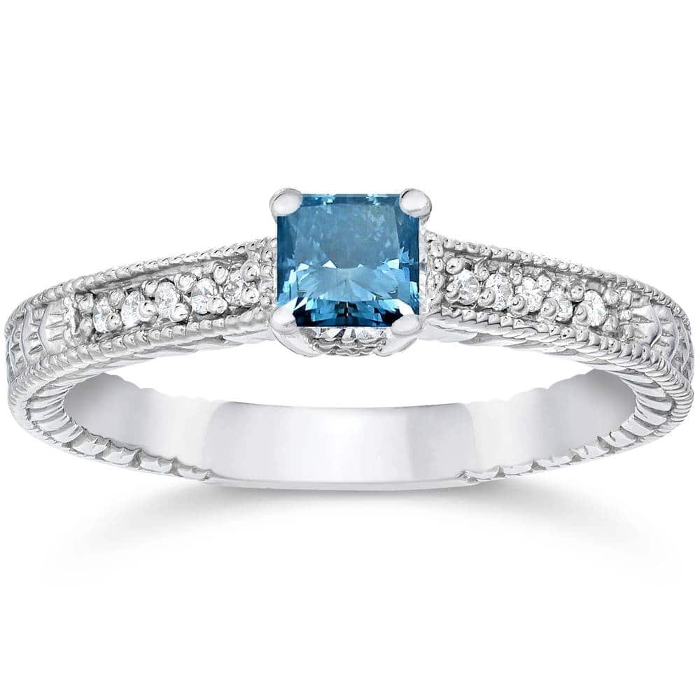 Bliss Diamond 1/2ct Princess Cut Antique Blue Diamond Engagement Ring White Gold