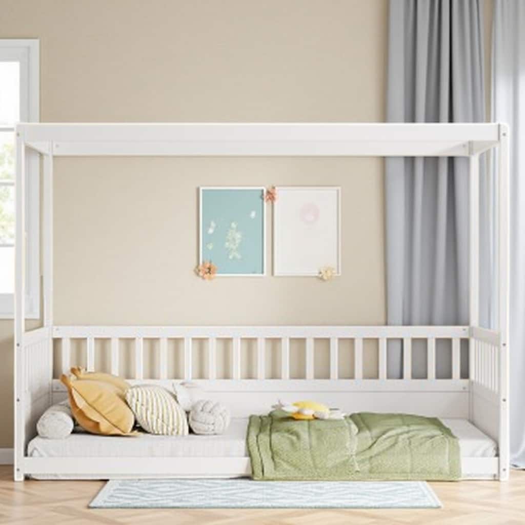 Full Size Montessori Canopy Floor Bed for Kids with Tall Safety Guardrails, Wooden Low Platform Bed Frame with Roof Structure