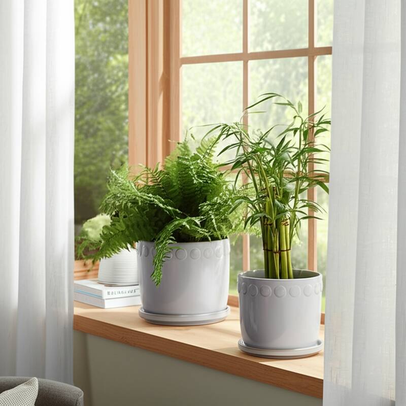 Ceramic Planter with Saucer, Bubble Trim Design - Set of 2, 8",6", Green