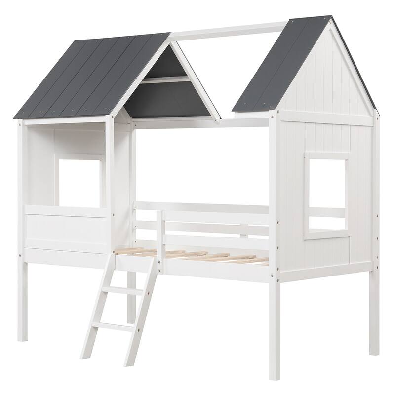 Gymax Twin Low House Bed Wooden Loft Bed with Ladder Roof Windows