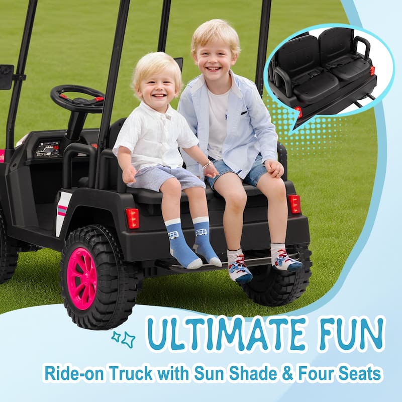 24V XL Kids Ride On Electric Truck with 4 Seats, Remote Control, Dual Motors, Suspension, Bluetooth Audio & Removable Sunshade