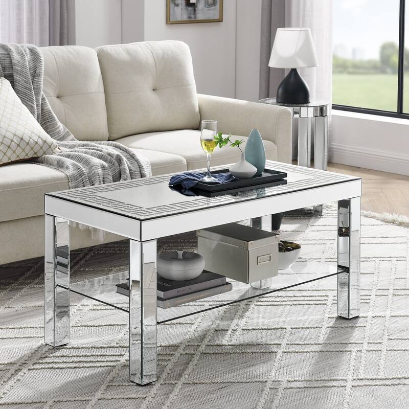 Modern Carved Mirror Coffee Table with Glass Top, Diamond Frame and Mirror Crystal Legs, for Living Room - Silver