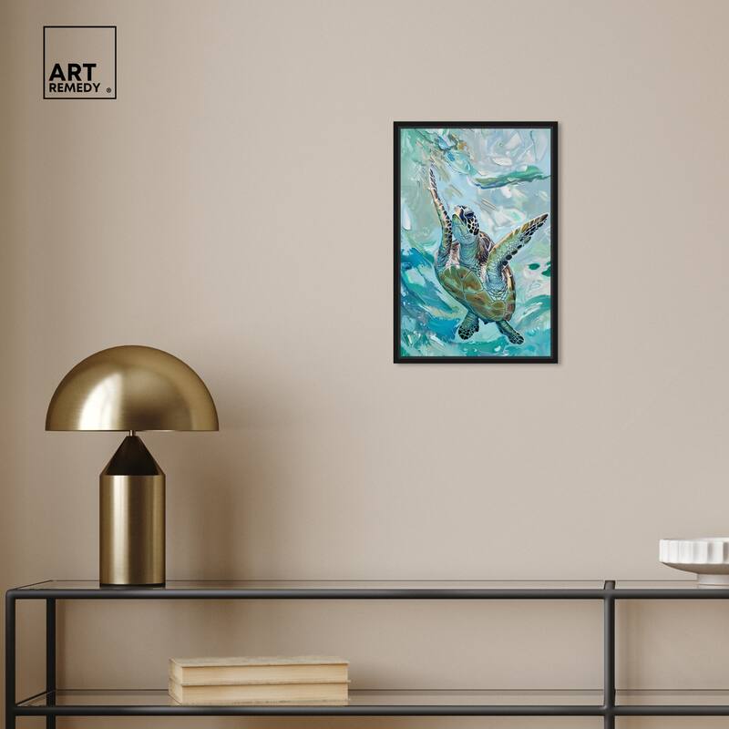 Art Remedy Serene Turtle Framed Colorful Coastal 1 Piece Canvas Wall Art