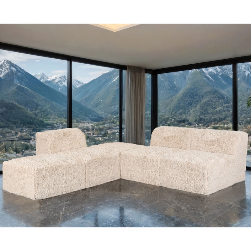 Furniture of America Ylena Modern 5-Piece Faux Fur Foam Modular Armless Compressed Sectional Sofa with Ottoman - Sand