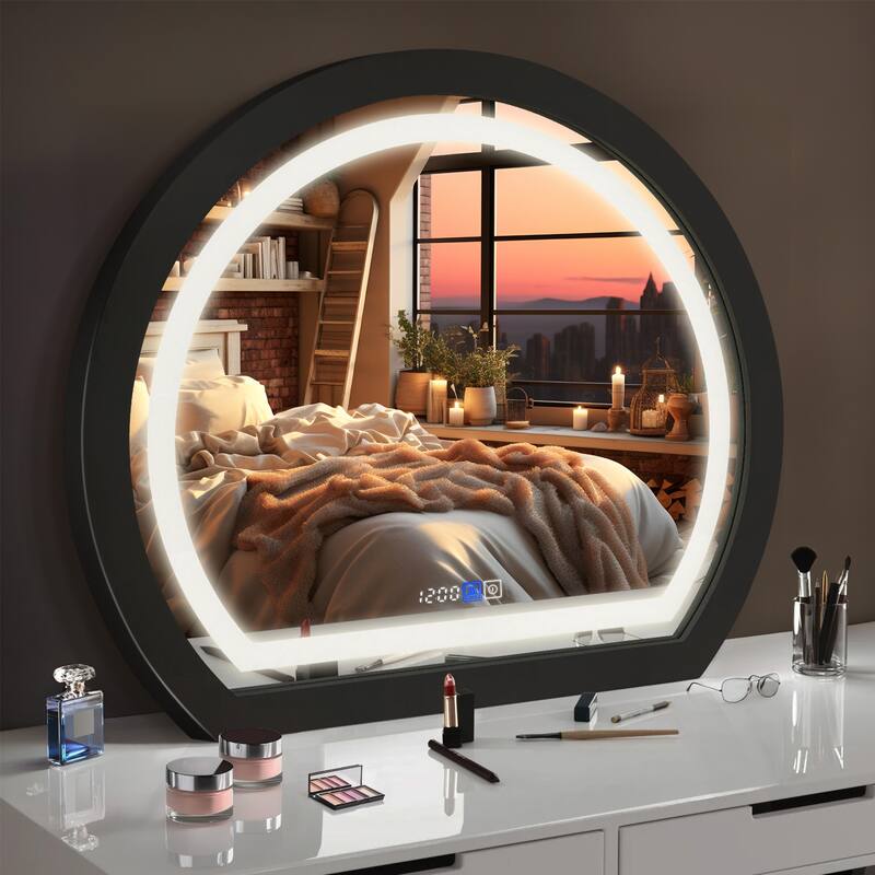 Arched Black Framed LED light Anti-fog 3 Colors Dimmable Wall Mirror - 27.6x23.6