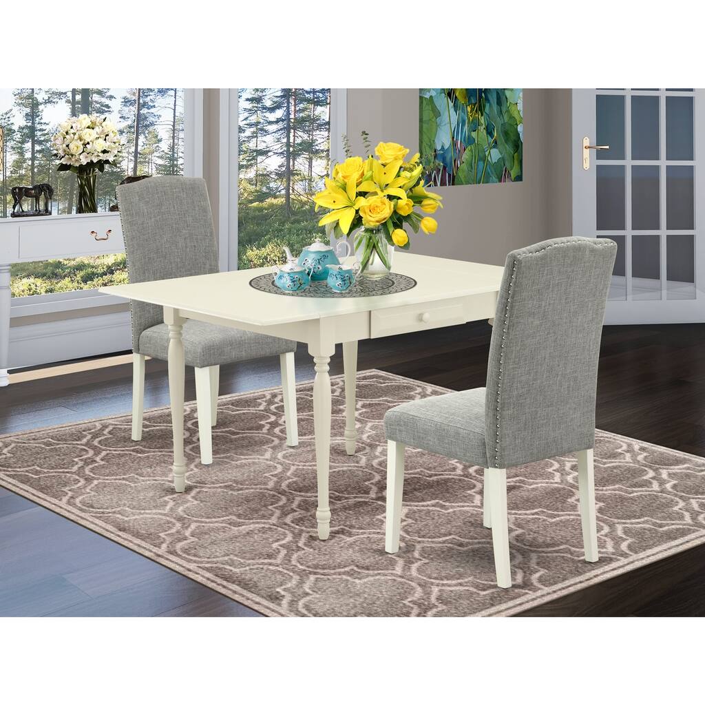 3-Piece Linen White Finish Solid Wood Top Dining Table Set