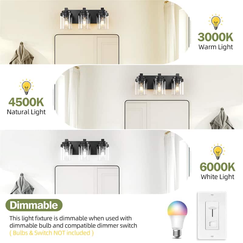 3-Light Matte Black Vanity Light Fixture with Clear Glass Shades