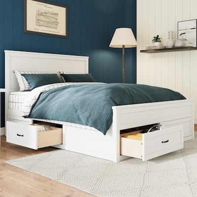 Queen Size Wood Storage Bed Frame with 6 Drawers Wingback Platform Bed