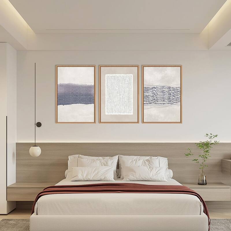 Blue White Abstract Neutral Framed Canvas Wall Art Set