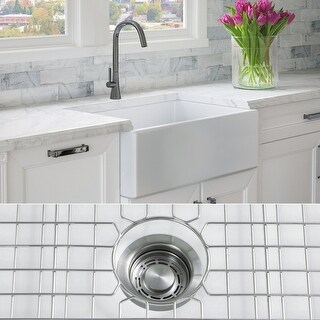 Fossil Blu 30-Inch SOLID Fireclay Farmhouse Sink in White, Stainless Steel Accessories, Flat Front - 30 x 20 x 10