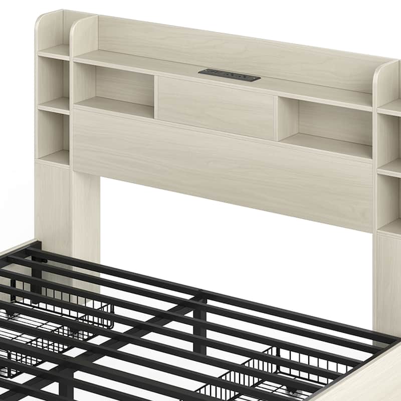 Queen/King Size LED Bed Frame with Bookcase Headboard, 4 Storage Drawers and Charging Station