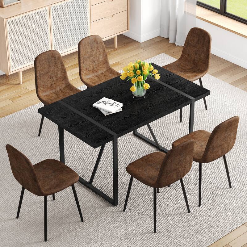 Retro Rectangular Dining Table Set for 6, 55-Inch Wood Table with 6 Linen Dining Chairs for Kitchen & Dining Room