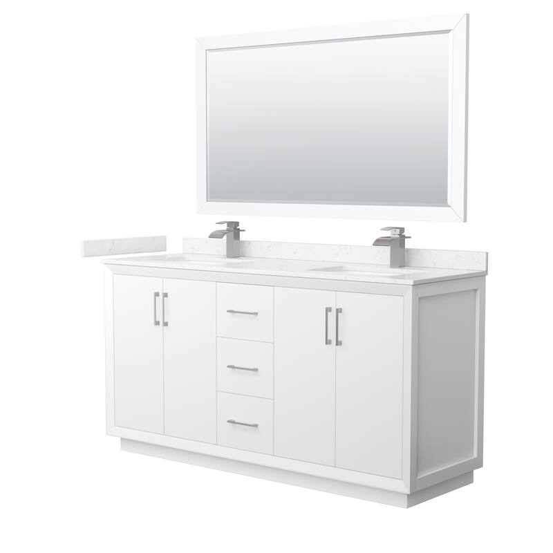 Strada 66-Inch Double Vanity Set, Cultured Marble Top, 58-Inch Mirror - White, Nickel Trim, Carrara Cultured Marble Top