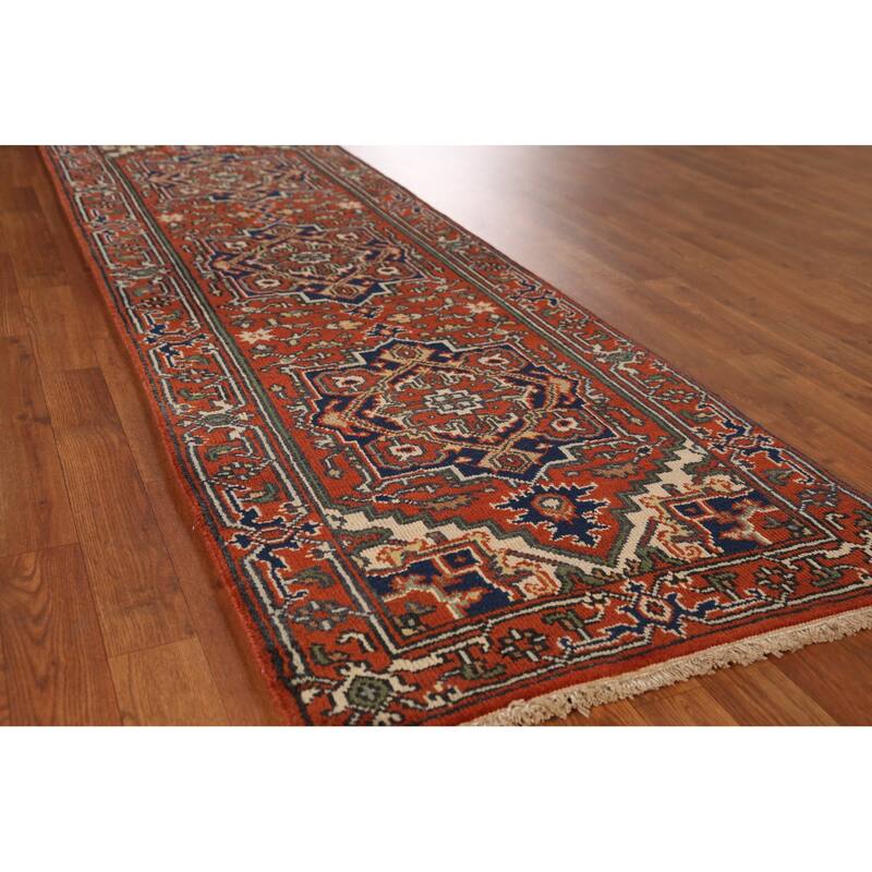 Geometric Heriz Serapi Runner Rug Hand-Knotted Traditional Wool Carpet - 2'6" x 7'10" - Orange - 2'6" x 7'10"