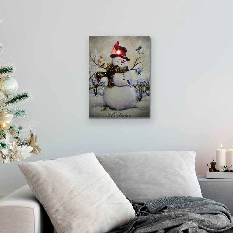 LED SnowmanBird Friends Christmas Canvas Wall Art 15.75" x 11.75"