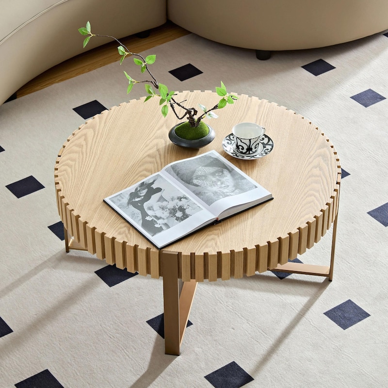 31.5 Inch Round Coffee Table with Sturdy Pedestal - Natural Ash