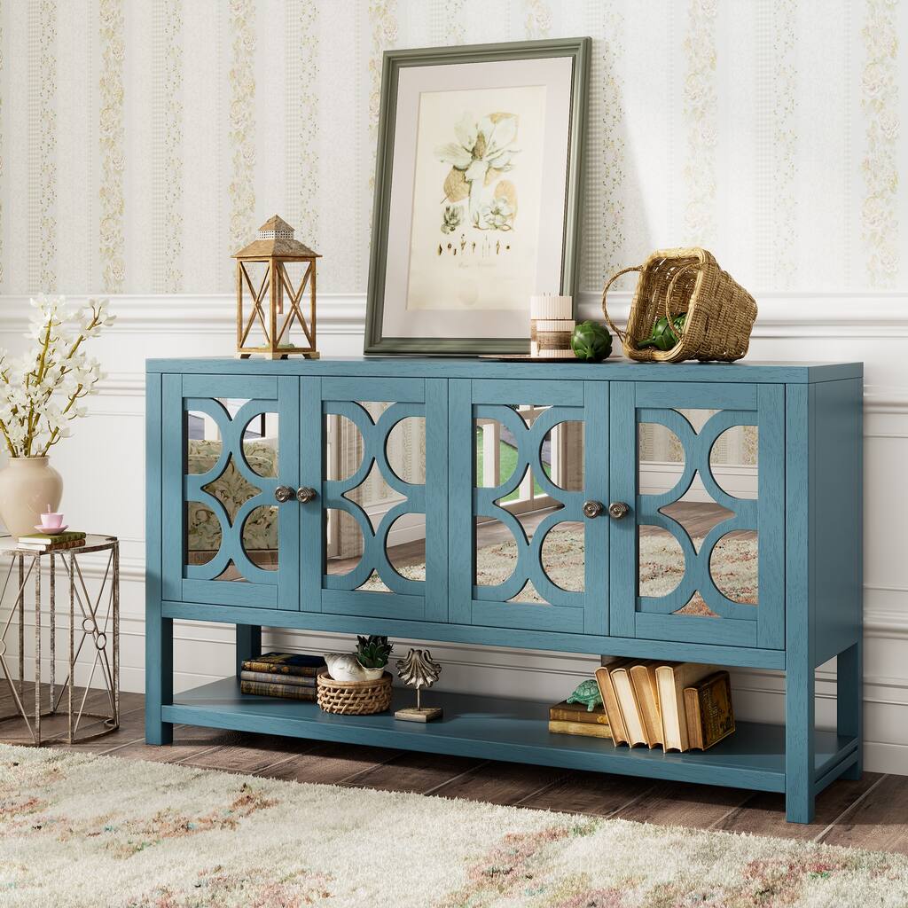 Console Table Storage Cabinet with Mirrored Doors, Spacious Open Shelves, Wooden Buffet Accent Sideboard with Acacia Wood Legs