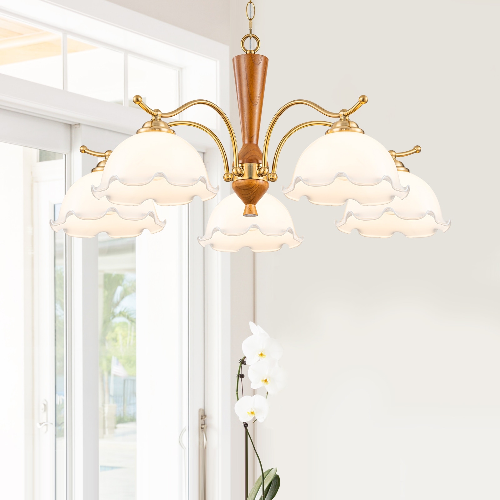 5-Light Mid-Century Modern Chandelier Floral Milky White Glass Shades - Dia.30.7-in