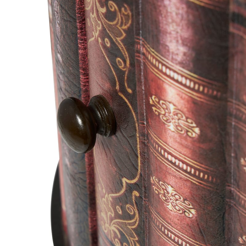 Faux Leather Circular Storage 2 Door Cabinet with Stacked Book Design and Scroll Details - Red - Roche River Décor.