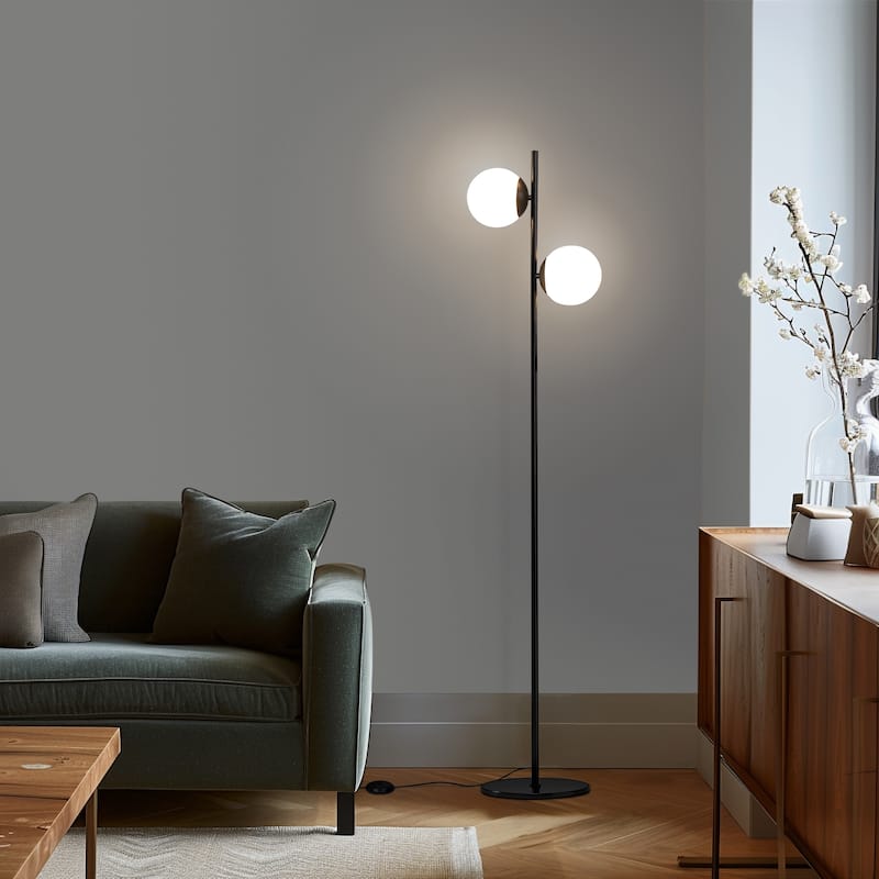 Brightech Sphere 65 in. Classic Black Modern 2-Light LED Super Bright Floor Lamp with 2 Frosted White Glass Globe Shades