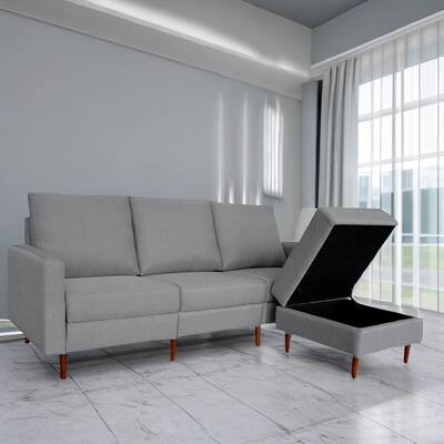 Light Gray Fabric L-Shaped Sectional Sofa with Storage Stool