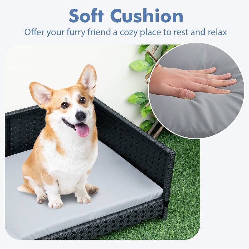 Gymax Rattan Dog Bed w/ Waterproof Soft Cushion Metal Frame for Medium