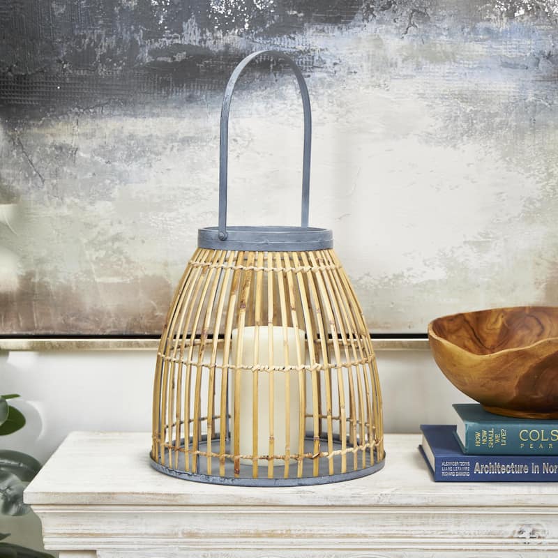 Bamboo Wood Handmade Woven Open Framed Caged Style Indoor Outdoor Candle Lantern with Blue Accents - Brown - Roche River Decor