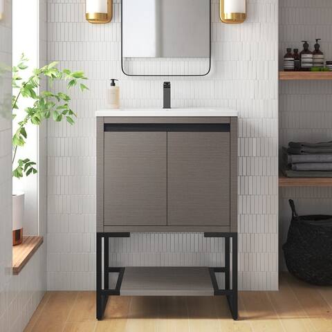 BNK 24"/30"/36"/40"/48" Modern Single Sink Bathroom Vanity with Ceramic Top Set