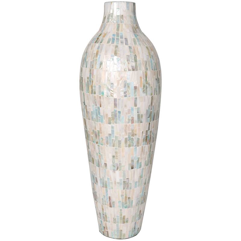 White Mother of Pearl Shell Handmade Mosaic Inspired Decorative Vase with Pastel Blue and Pink Accents