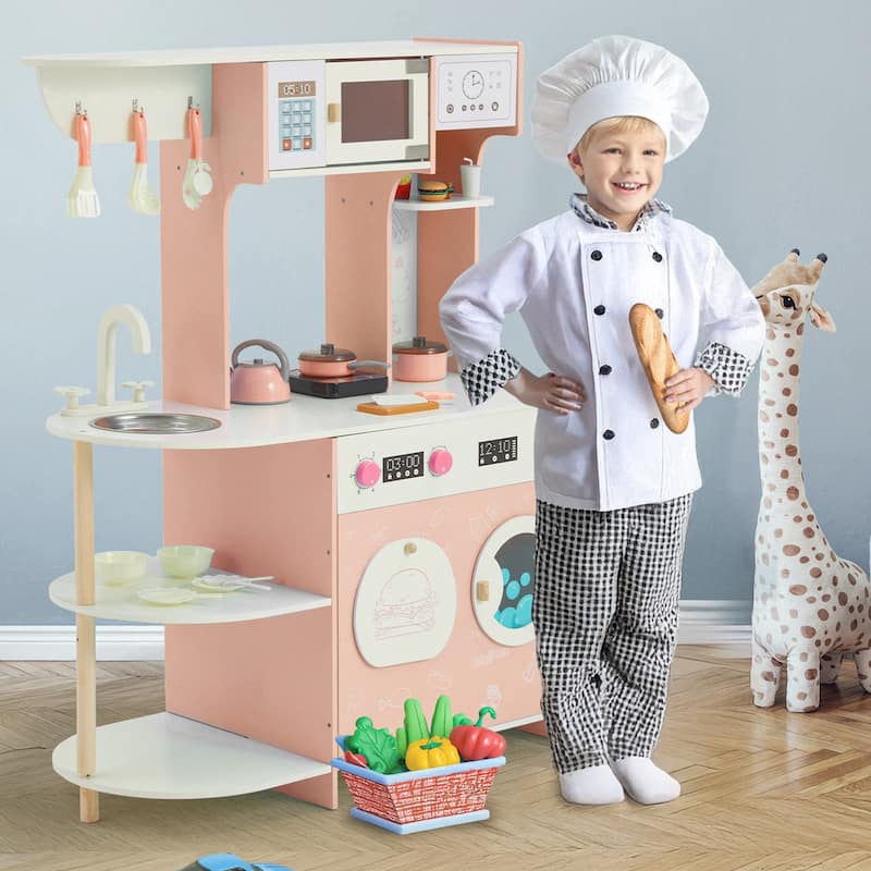 Wooden Play Kitchen Set for Kids, Pretend Cooking Toy, Interactive Kitchen Playset - Pink