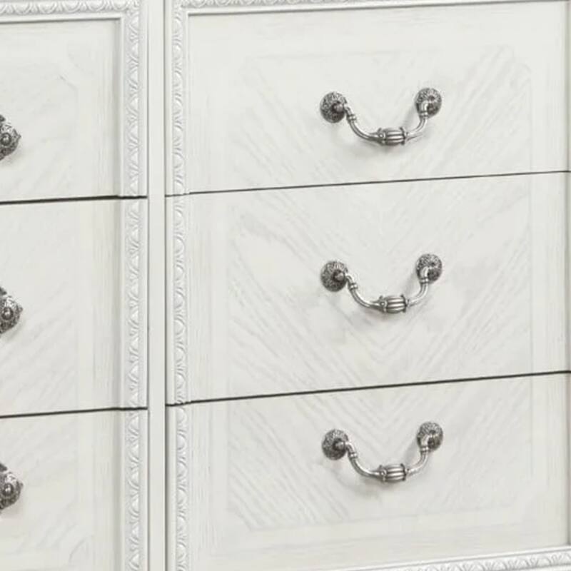 Naddy Wide Dresser, White Pine Wood, 9 Drawers w Metal Handles