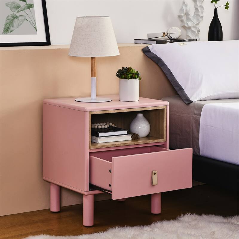 Modern Woode Bedside Table with Drawer and Legs - Pink