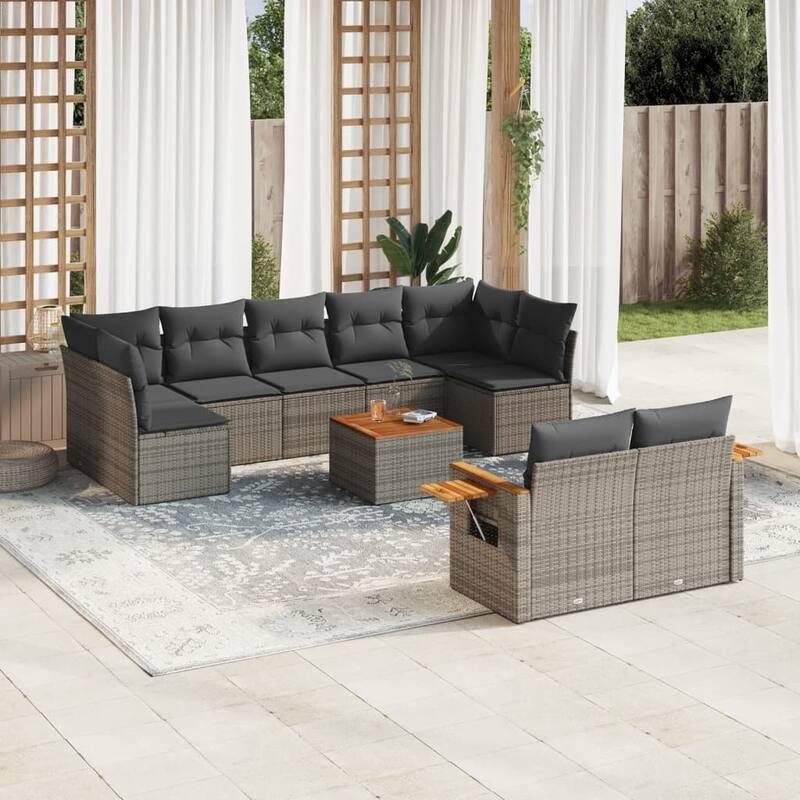 vidaXL Patio Sofa Set with Cushions Outdoor Conversation Furniture Poly Rattan - 24.4 x 33.5 x 27.2 in - Grey with table