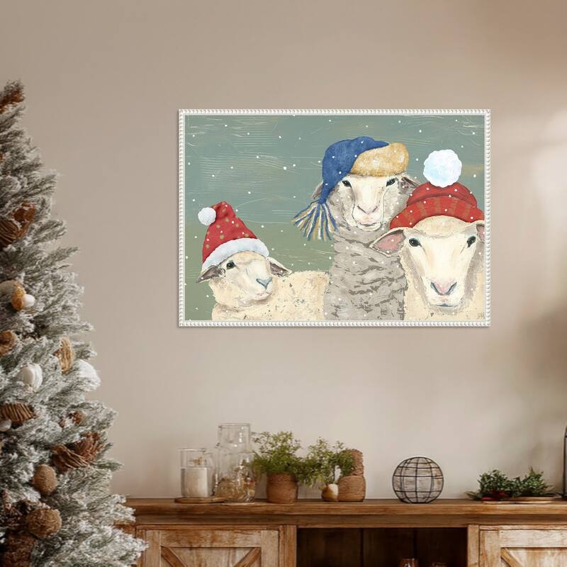 Sheep Xmas I by Jade Reynolds (33 x 23 in.), Framed Canvas Wall Art Print - Sylvie Beaded White