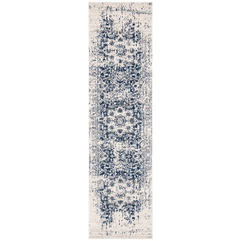 SAFAVIEH Madison Delois Medallion Rustic Farmhouse Distressed Rug - 2'3" x 14' Runner - Cream/Navy