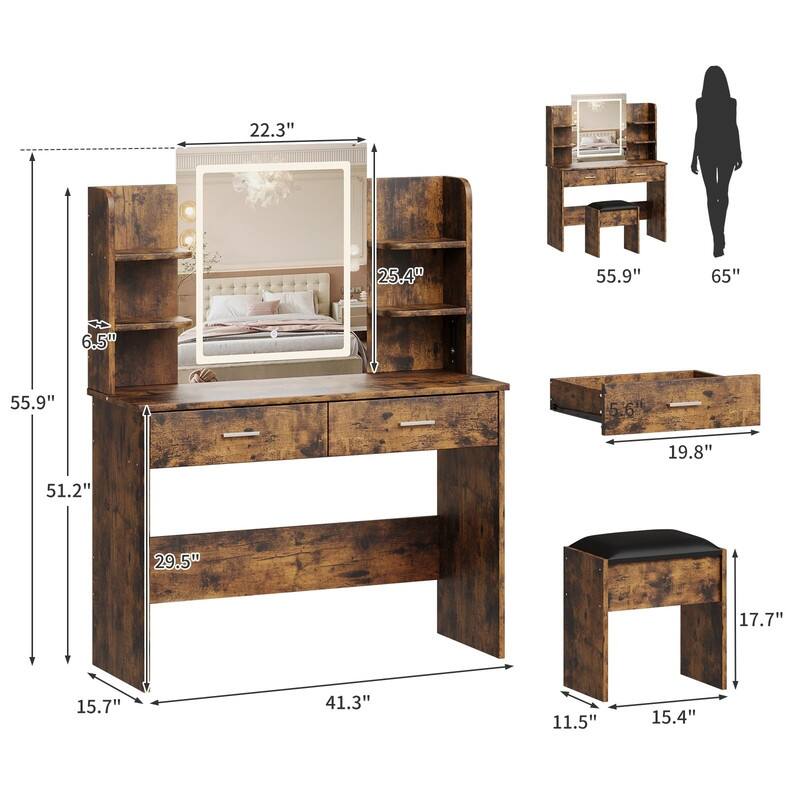 Makeup Vanity Set with Mirror, Stool， Charging Station， 2 Drawers, 6 Shelves