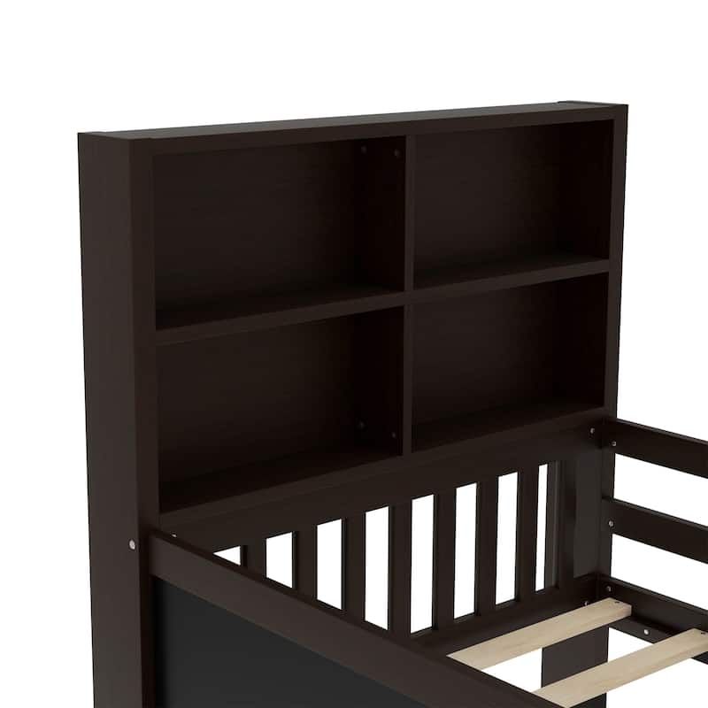 Childlike Fun Solid Wood Low-profile Platform Bed Storage Bed Frame with Side Chalkboard, Open Shelves, Drawers and Guardrails