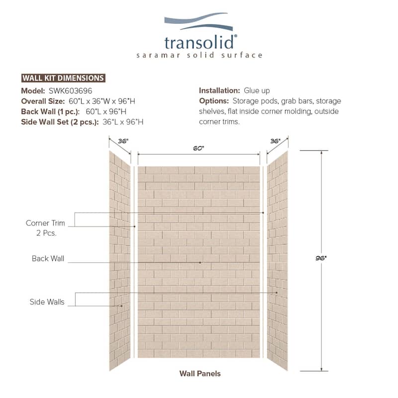 Transolid SaraMar 36-In X 60-In X 96-In Glue to Wall Shower Walls - 60" x 36" x 96" - 60" x 36" x 96"