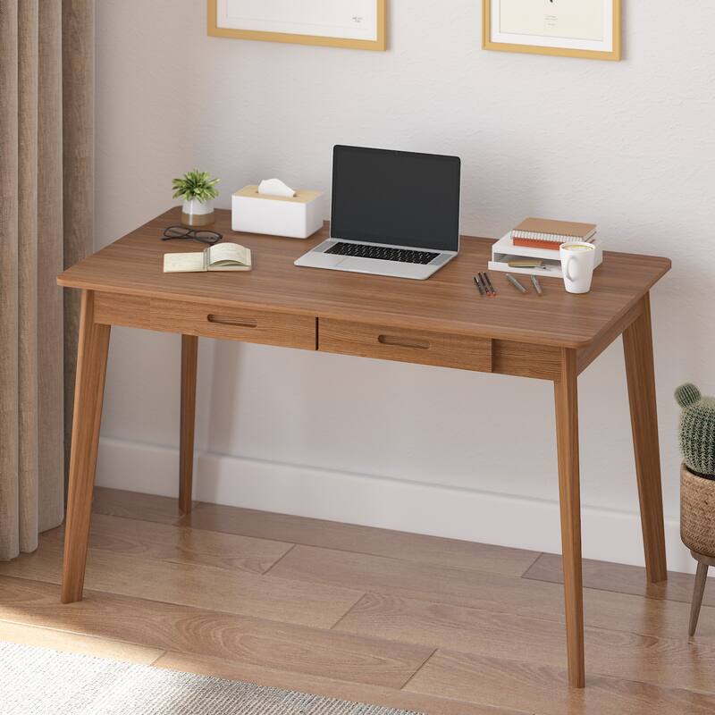 Timechee Brown Wooden Computer Desk, 47" Writing Desk with 2 Drawers